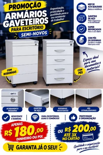 Armários gaveteiro para escritório reforçados em MDF com gavetas de aço semi-novos
