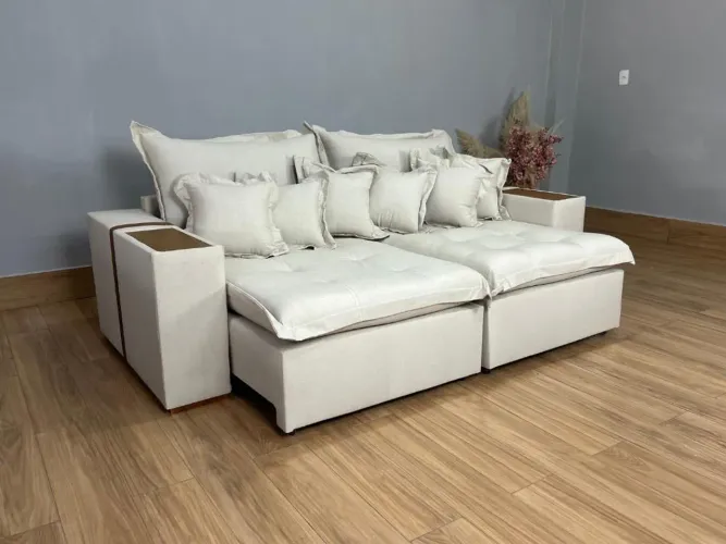 Sofá Retrátil Reclinável 2,30m - Bege Linho/Marrom Courino