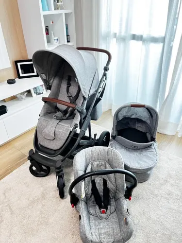 carrinho abc design como 4 cinza (com moisés, bebê conforto, isofix e bolsa)