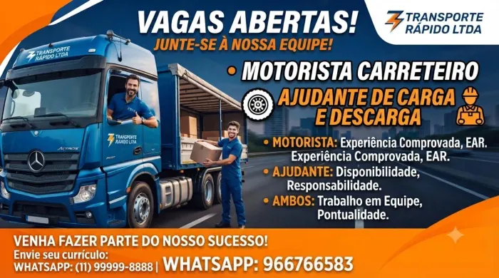 Vaga para motorista e ajudante de caminhão, início imediato