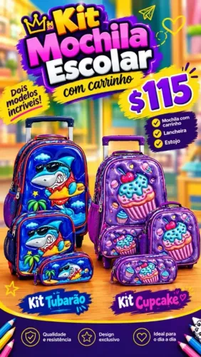 Kit mochila escolar com carrinho