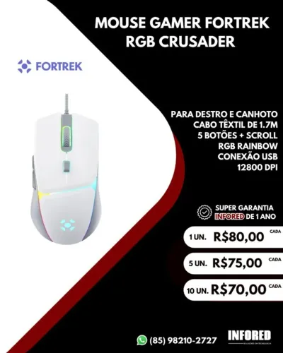 Mouse gamer branco RGB Fortrek Crusader 