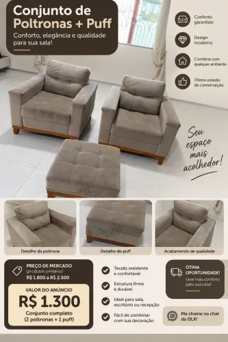 Conjunto 2 Poltronas + Puff - Confortável e Bem Conservado