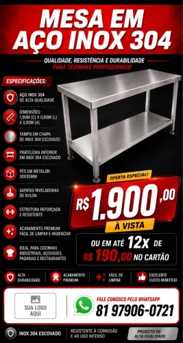 Mesa inox 304 1.90x0.60x0.90 m
