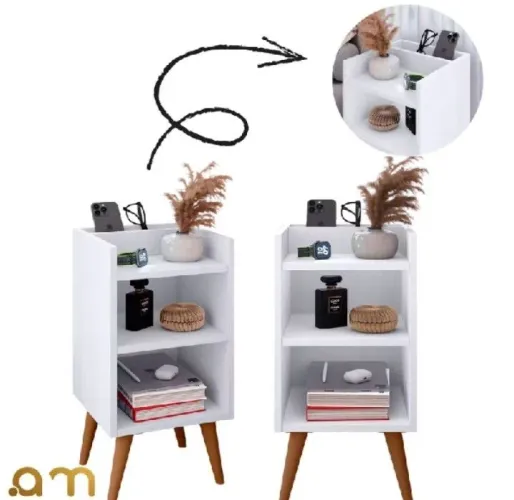 Kit com 2 Mesa de Cabeceira Nicho Organizador, pés retrô em PVC e Porta-Celular Max