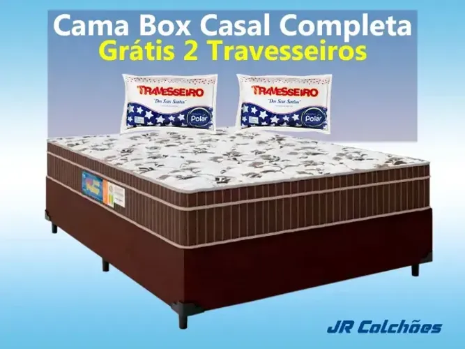Cama Box Casal Completa + Colchão Ortopédico Polar | Frete Grátis + 2 Travesseiros