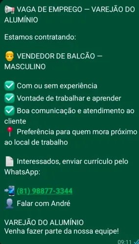 Vaga de emprego para vendedor interno balcão finalizado.