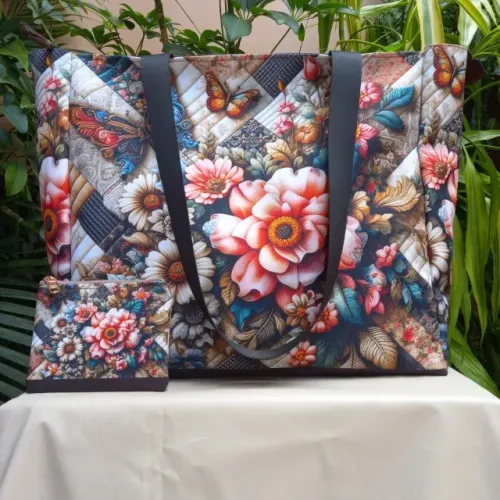 Bolsa Sacola Bag Feminina com Ziper Estampada de Flores