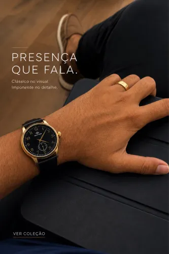 Relógio masculino, com caixa dourada, mostrador preto e pulseira preta em couro PU.