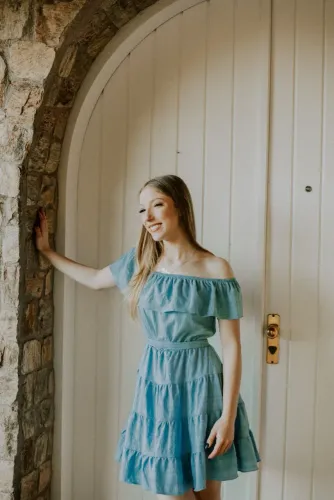 Vestido Azul Celeste Ombro a Ombro - Estilo Romântico