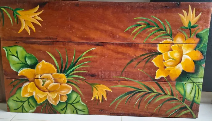 Quadro pintado a mão na madeira demolição