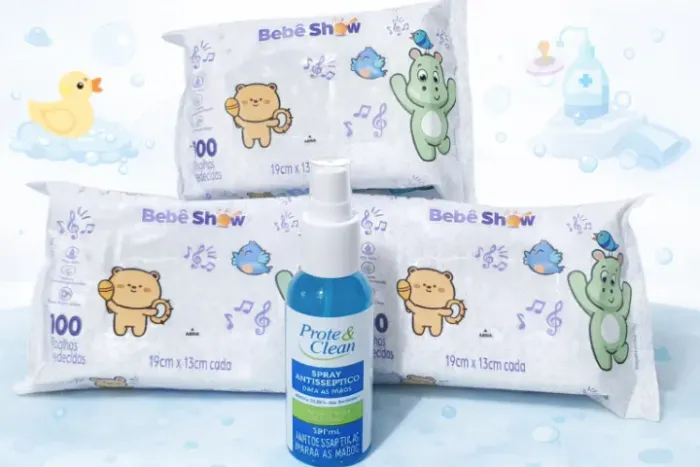 Toalhas Umedecidas Bebe Show - Kit com 3 pacotes + Spray Antisséptico para as mãos 