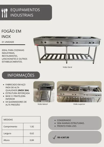 Fogão Industrial em Inox - 4 Queimadores
