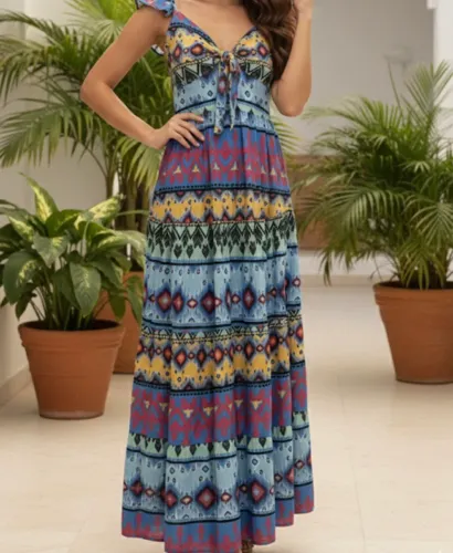 Vestido Longo Boho Chic - Estampa Étnica Exclusiva (Tamanho M)
