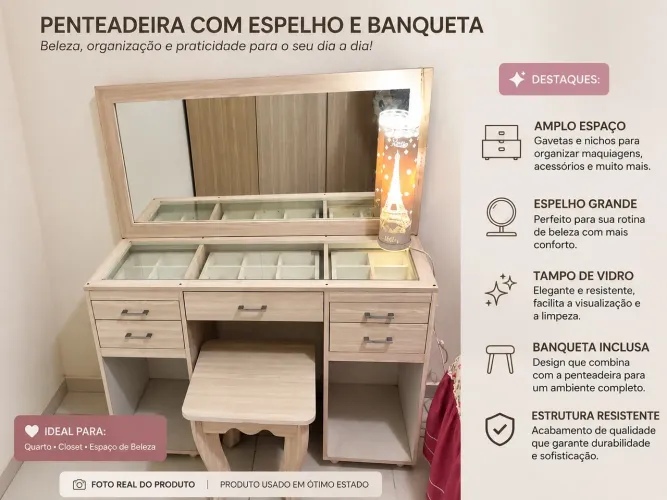 Penteadeira com Espelho e Banqueta - Elegância, Organização e Praticidade ?