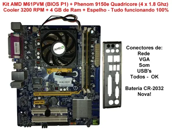 Kit AMD M61PVM + Phenom 9150e (4 x 1.8 Ghz) + Cooler + 4 GB de Ram + Espelho
