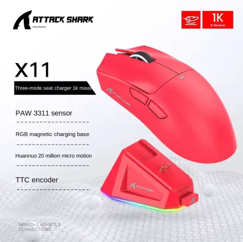 Mouse Gamer ATTACK SHARK X11 "VERMELHO" - PAW3311, 22000 Dpi, Tri Mode, 1000Hz 