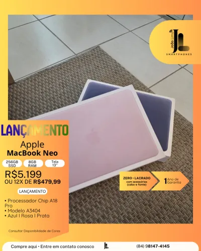 MACBOOK NEO, 256GB, 8GB RAM, TELA 13 POL., LACRADO, LANÇAMENTO!