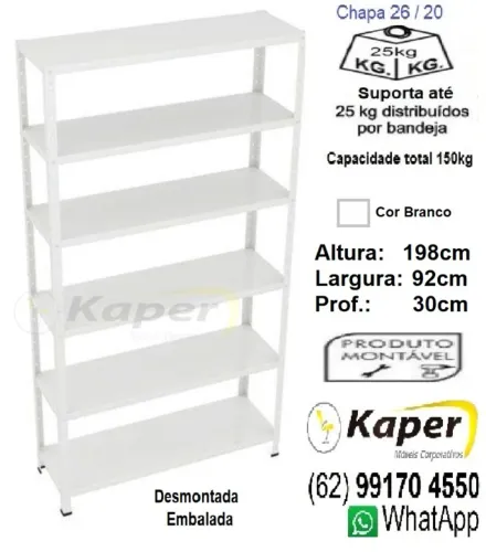Estante de Aço Branca 198cm x 30cm x 92cm ( novo ) promoção