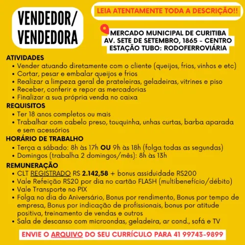 Queijista (sem experiência) para empório no Mercado Municipal (Centro)