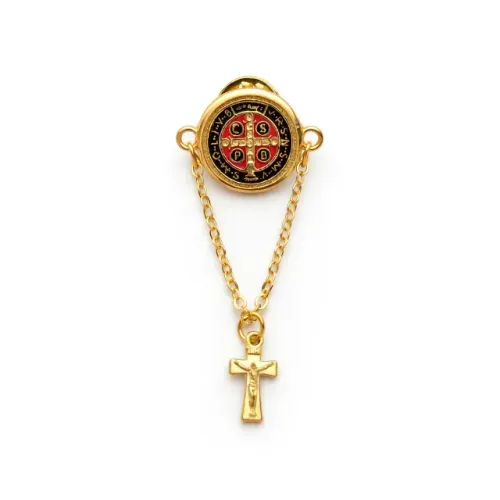 broche bottons medalha são bento corrente com cruz dourado  9x1-106