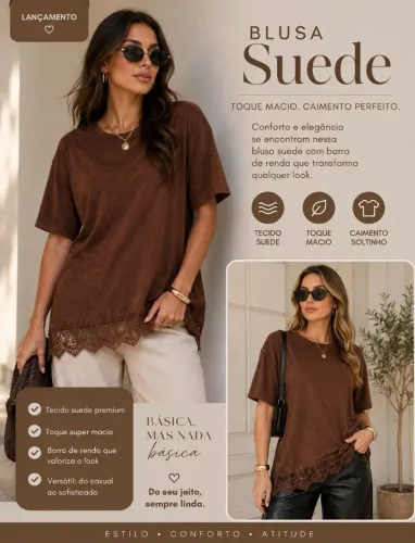 Blusa Suede Feminina com Barra de Renda