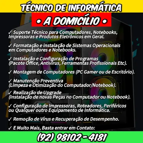 Técnico de informática - Eu Vou Até Você! Serviços de informática - Suporte de informática