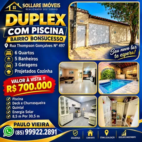 Duplex Com 6 Quartos, 5 Banheiros 3 Garagens, Com Piscina e Deck 8,5m Por 30,5m + Energia