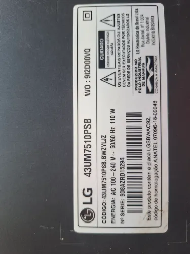 Smart TV LG 43 4K 43UM7510PSB Inteira - Para Conserto ou Peças (Tela Escura)