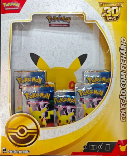 (Lacrado) Pokemon Binder Fichário + 5 boosters Box coleção celebração de 30 anos, detalhes