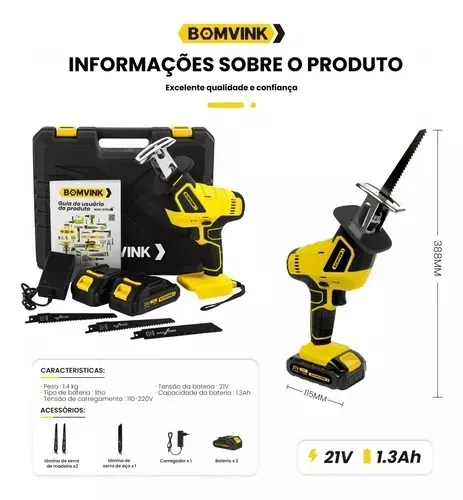 Serra de poda a bateria 21V com 2 baterias - BOM-9702 Bomvink