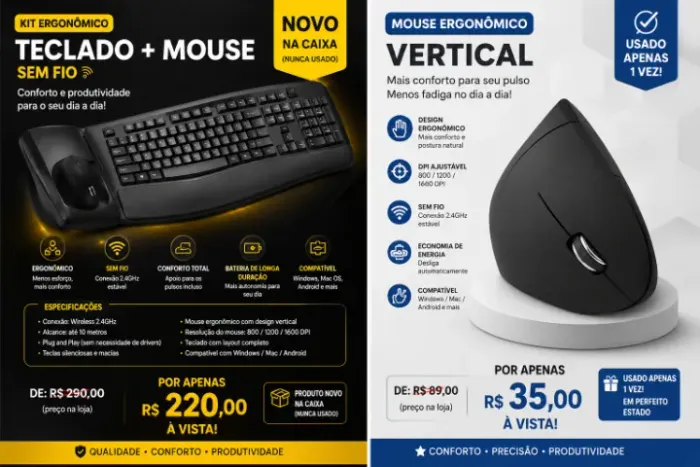 ? VENDO - KIT TECLADO + MOUSE ERGONÔMICO SEM FIO