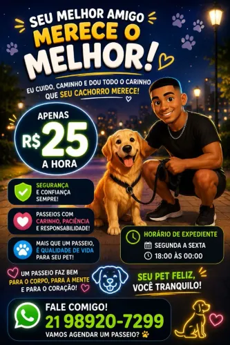 Olá! Ofereço serviço de passeio para cães com responsabilidade, atenção e muito carinho.