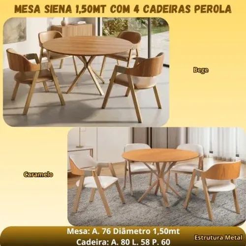 Mesa Siena redonda 1,50m com 4 cadeiras Pérola 