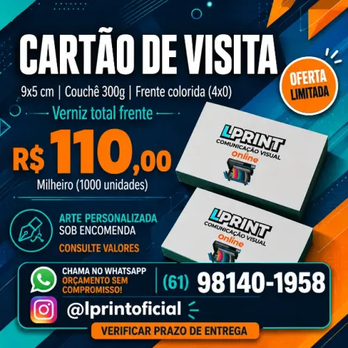 Cartões de Visita 9x5 cm, Papel Couchê 300 g,
