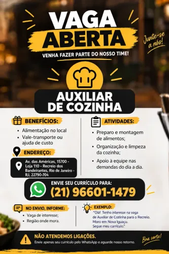 VAGA DE AUXILIAR DE COZINHA NO RECREIO