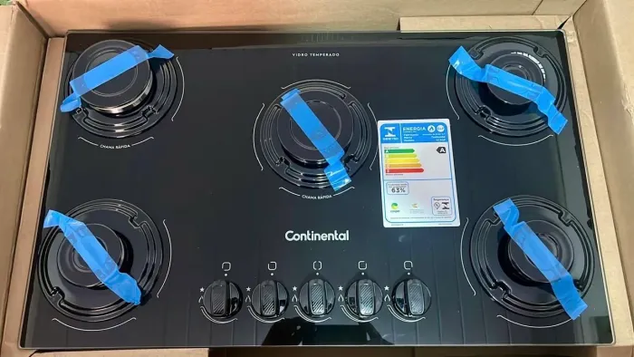 Cooktop Continental 5 Bocas a Gás Preto de Embutir com Mesa de Vidro