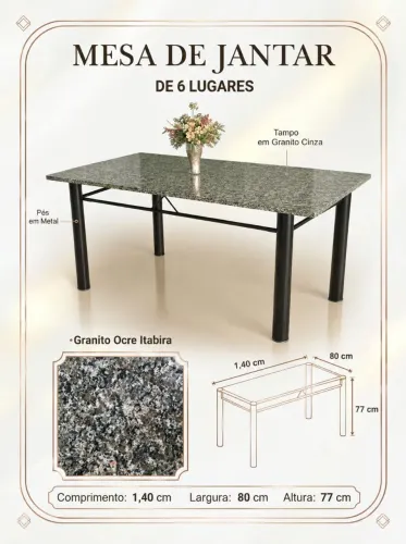 MESA DE JANTAR COM TAMPO EM GRANITO CINZA