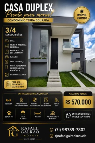 Casa Duplex 3/4 c/ 2 Suítes | Condomínio Terra Dourada | R$ 570 Mil