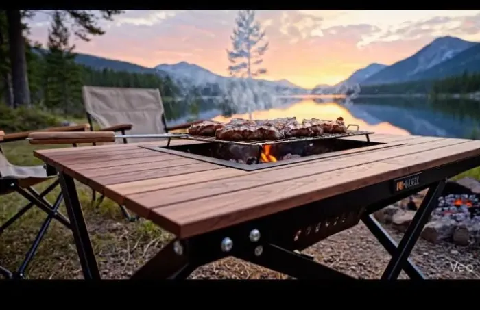 ? Mesa de Camping 2 em 1: Portátil + Churrasqueira 