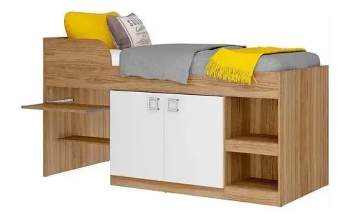 Cama de solteiro com armário embutido e cadeiras 