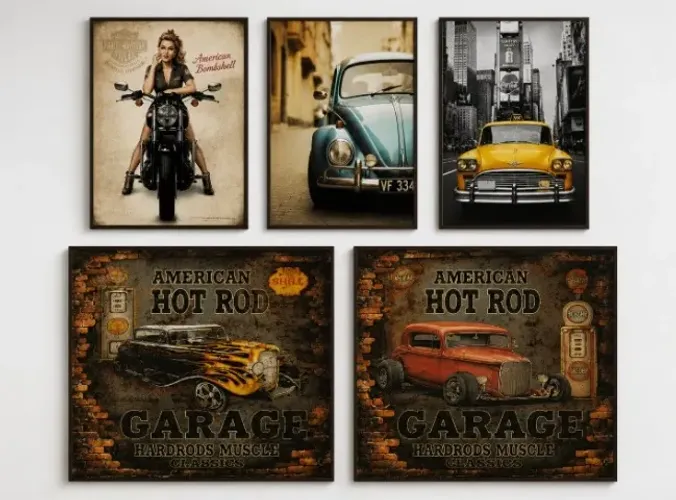 Kit 5 Quadros Decorativos Vintage Carros e Motos - Garage