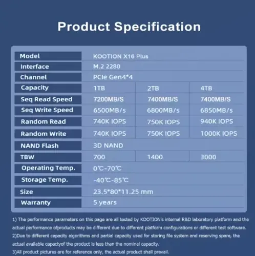 KOOTION X16Plus SSD NVMe M2 1TB Gen4x4 Disco rígido interno de estado sólido PCIe