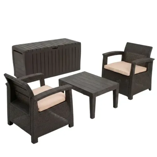 Kit para Área Externa: Conjunto 2 Poltronas e Mesa Rattan Syberflex + Baú Organizador 270