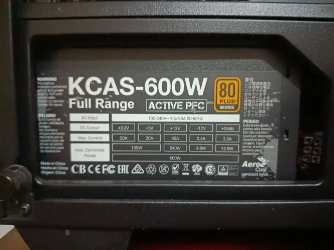 Fonte de Pc KCAS-600W Full Range com PFC ativo