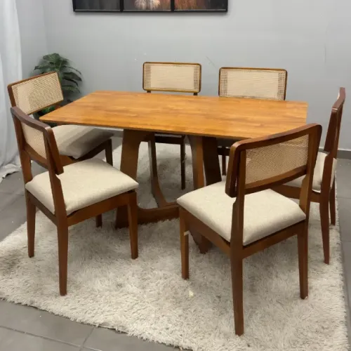 Mesa de Jantar Dubai Flex 160x80cm Sem Vidro e 6 Cadeiras Canada em Linho Madeira Cel Móve