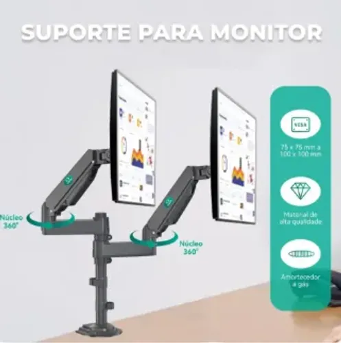 Suporte P/ 2 Monitores 17 A 27 Polegadas Com Pistão Gás Vesa