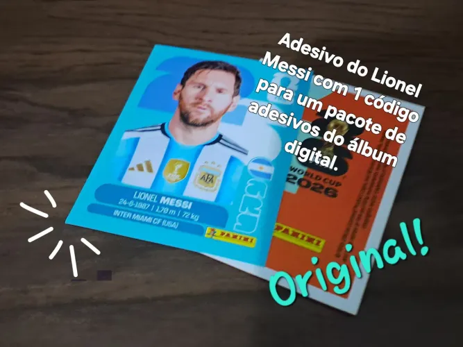 Figurinha Lionel Messi com 1 código para um pacote de adesivos do álbum digital.