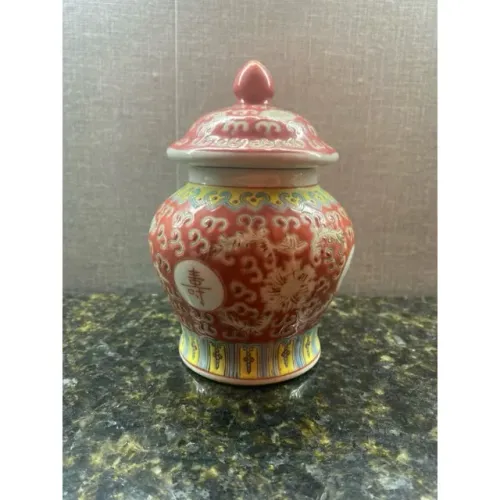 Pote de Gengibre Chinês Vintage Zhongguo Jingdezhen com decoração Família Rosa