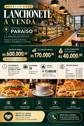 OPORTUNIDADE DE NEGÓCIO - LANCHONETE NO PARAÍSO/SP